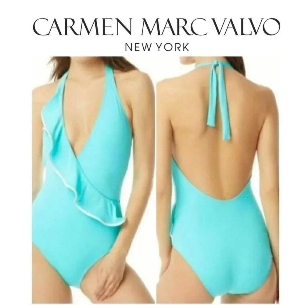 Carmen Marc Valvo Ocean Wave v neck faux wrap ruffled Swimsuit SZ 6